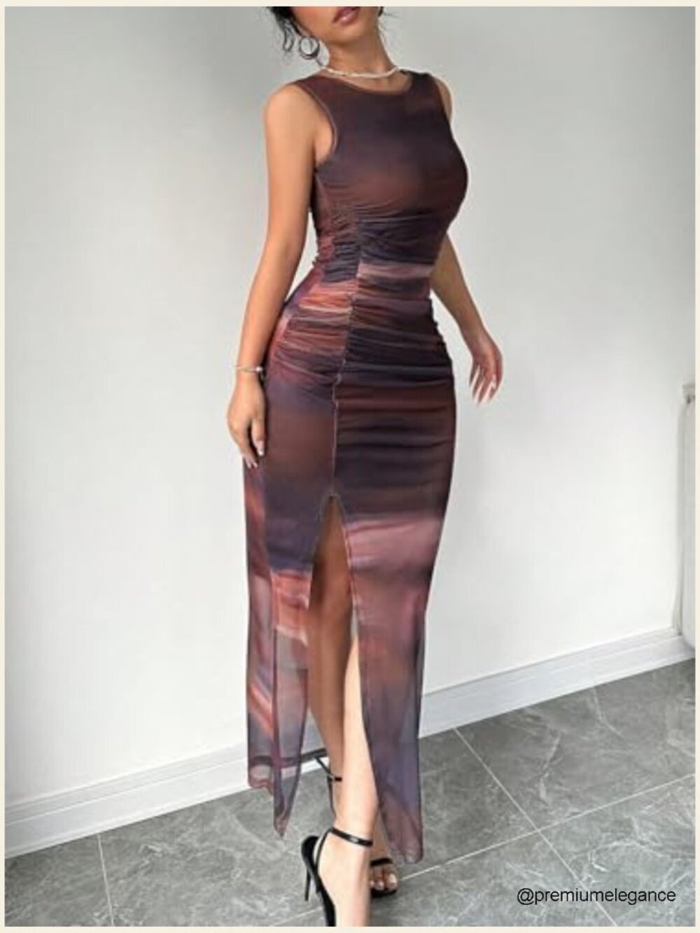 Tie Dye Mesh Bodycon Dress Ruched Split Thigh Club Maxi - Picture 3 of 5